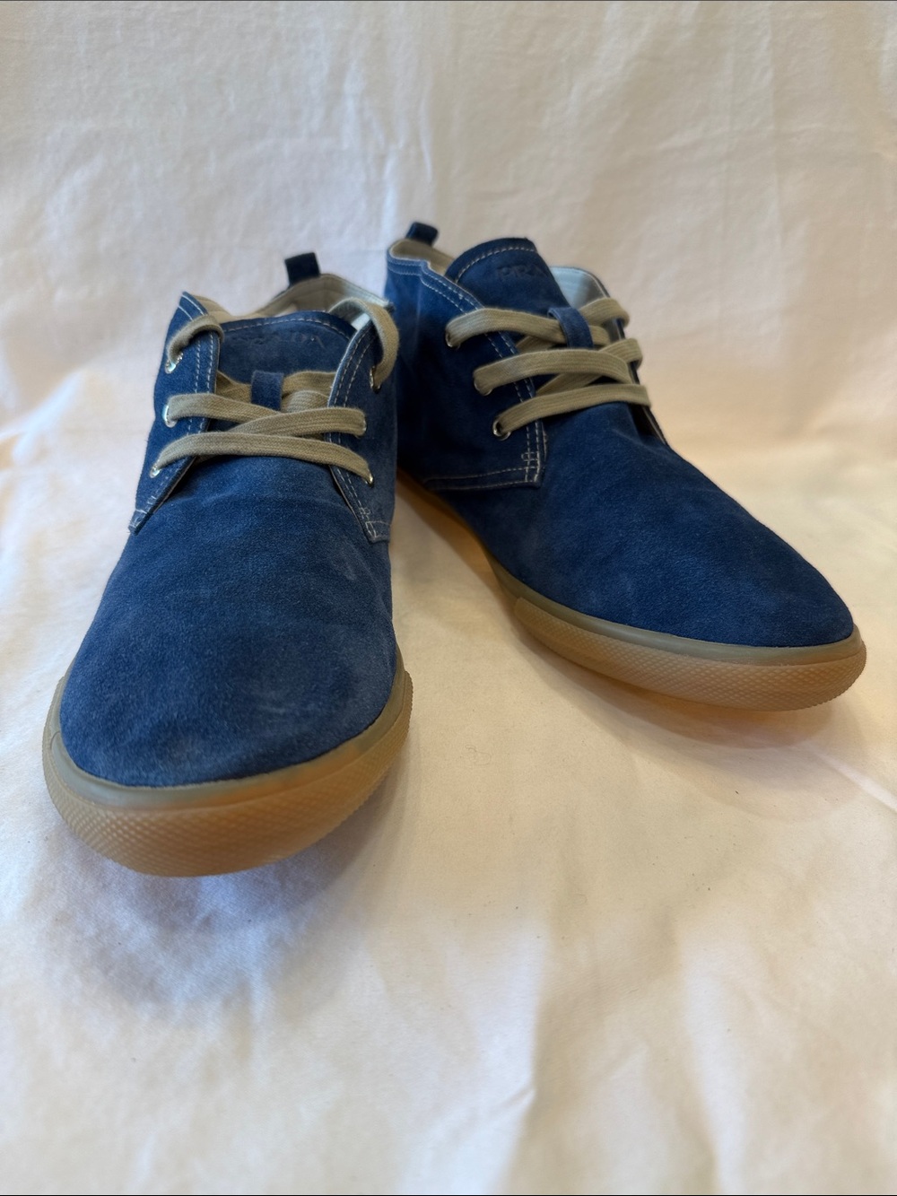 Prada Men's Blue Suede Chukka Boots with Tan Laces